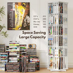 XIMN 360° Rotating Bamboo CD/DVD Shelf - 6-Tier Space-Saving Media Storage Cabinet for Movies, Organizer with Super Compact Design (White, 6 Tier)