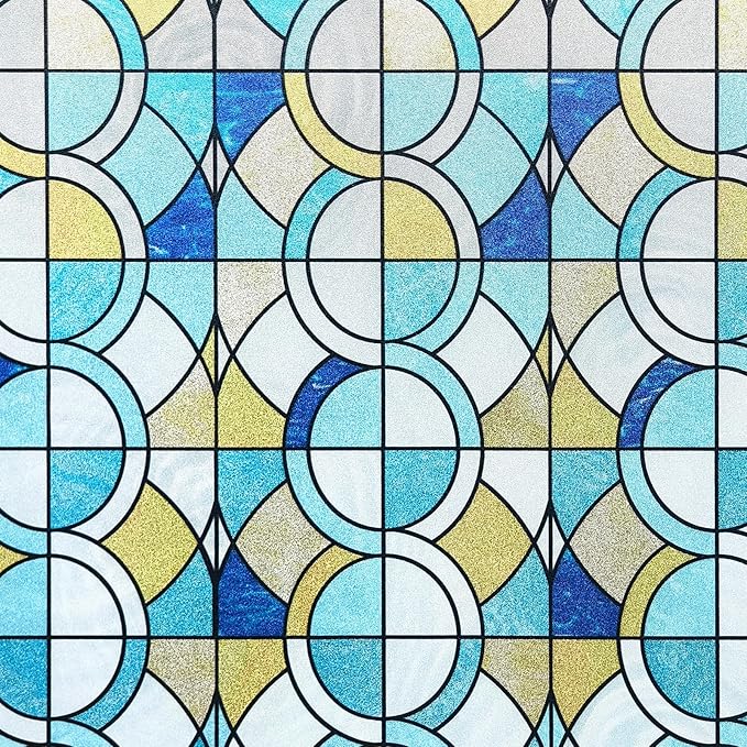 Window Privacy Film, Frosted Glass Decorative Static Cling, Removable Sun Blocking Vinyl Covering, Window Film for Home Kitchen Living Room Bathroom, Geometric Rings, 17.5" x 78.7 "