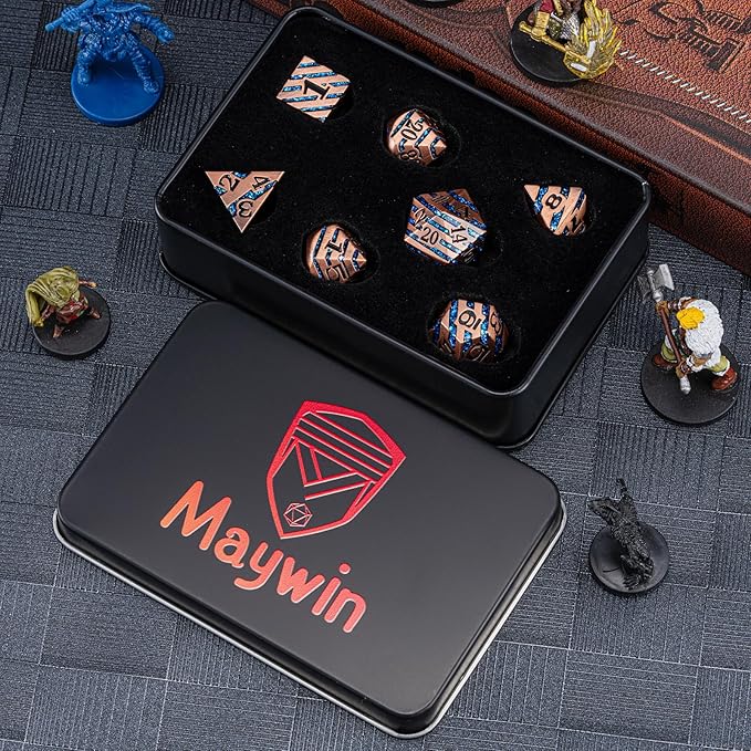 Metallic Glitter Stripes D&D Dice Set,7 PCS Polyhedral Dice Set with Gift Metal Box for Dungeons and Dragons,DND Metal Dice for Tabletop Game (Antique Copper Blue)