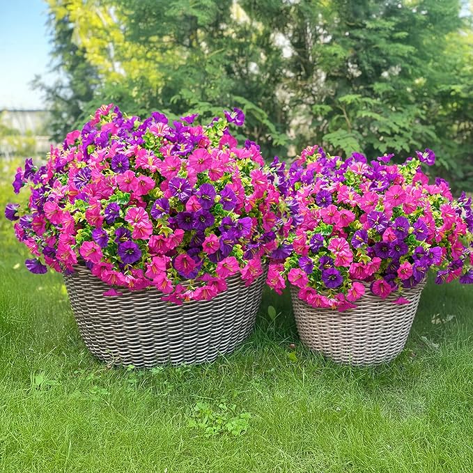 Artificial Flowers Fake Plants for Outdoors Decoration, 12 Bundles Silk Morning Glory with Eucalyptus Realistic UV Resistant Faux Flowers for Outside Planter Porch Yard Patio Garden Home Indoor, Mix