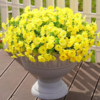 Fake Mums Fall Artificial Flowers Plants for Outdoors Autumn Decoration, 12 Bundles Yellow Silk Morning Glory with Eucalyptus Realistic UV Resistant Faux Flowers for Outside Planter Yard Garden Porch