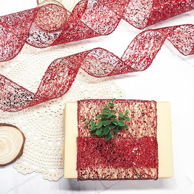 CT CRAFT LLC Sparkling Glitter Mesh Wired Ribbon 6" x 10 Yards Red for Christmas Home Decor Bow Gift Wrapping DIY Crafts Wreath