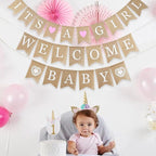 MEEDEE Burlap Banner Welcome Baby Girls Banner Rustic Baby Shower Party Favors Decorations Banners and Signs Baby Shower Bunting Pink (3 Pieces)