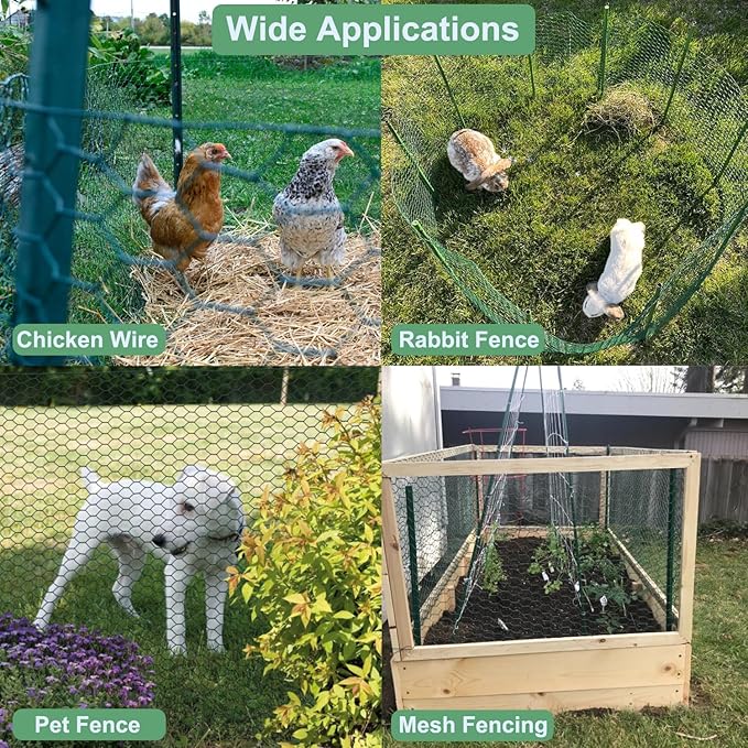 Chicken Wire 15.7 x 315 Inches Chicken Wire Fencing Mesh Green PVC Coated Floral Chicken Wire for Crafts Poultry Garden, Hexagonal Galvanized Chicken Coop Rabbit Wire Fencing Netting