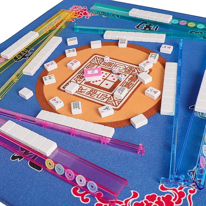 American Mahjong Game Set, 166 Quality White Tiles, 4 All-in-One Color Rack/Pushers, Mahjong Tile Set with Blue Printed Carrying Bag