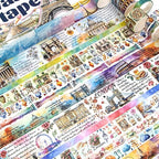 MPOPUUL Washi Tape Set 18 Rolls - European Tourism Decorative Adhesive Masking Tape for Journaling, Vintage Colored Tape for Junk Journaling Supplies, Scrapbooking Supplies, DIY Crafts, Planner