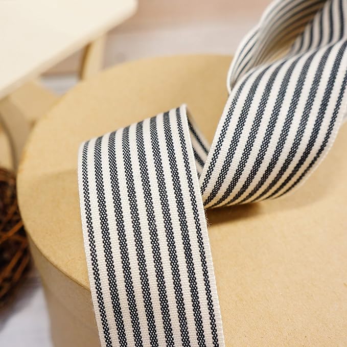 CT CRAFT LLC Ivory Cotton Black Stripes Ribbon 1.5" x 10 Yards for Home Décor Gift Present Wrapping DIY Crafts Birthday Wedding Bouquet Christmas