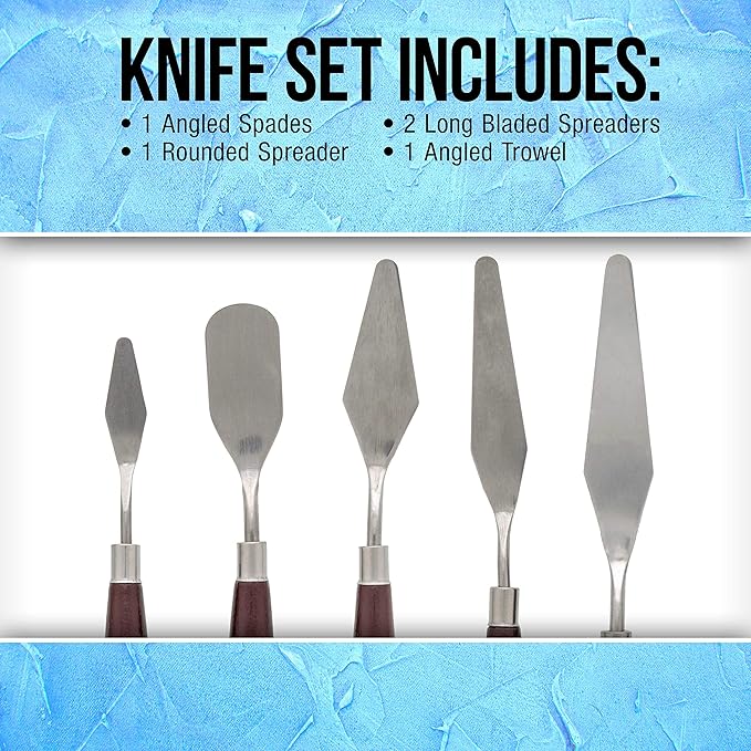 U.S. Art Supply 5-Piece Stainless Steel Palette Knife Set for Acrylic Painting - Paint Spatula Tools for Oil, Canvas Art - Painting Knives for Mixing, Texturing - Pallet Knives for Art & Cake