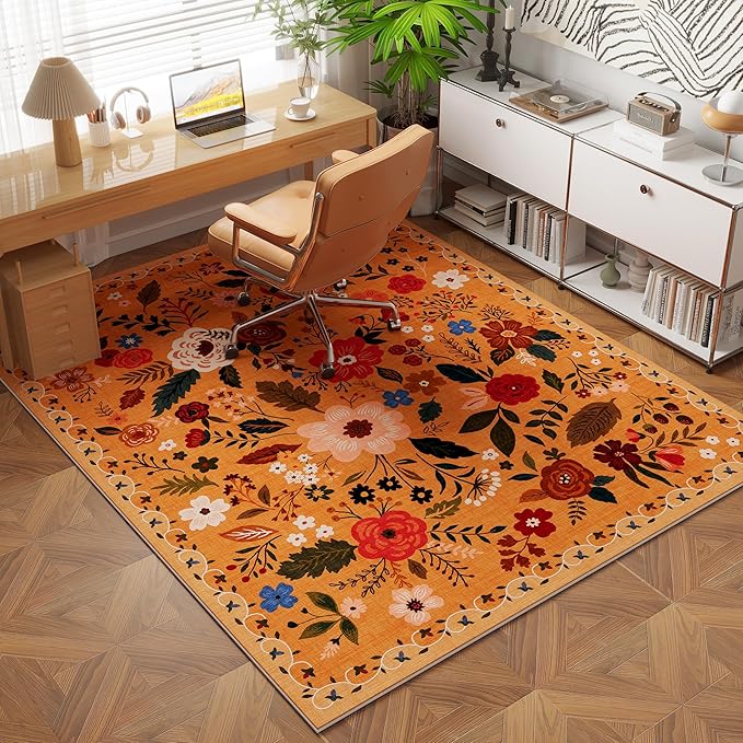 Rugcomf Area Rug 4x6 Rug Washable Boho Rugs Non Slip Low Pile Floral Small Carpet for Bedroom, Bedside, Kids Room, Office, Dining Room(Yellow)