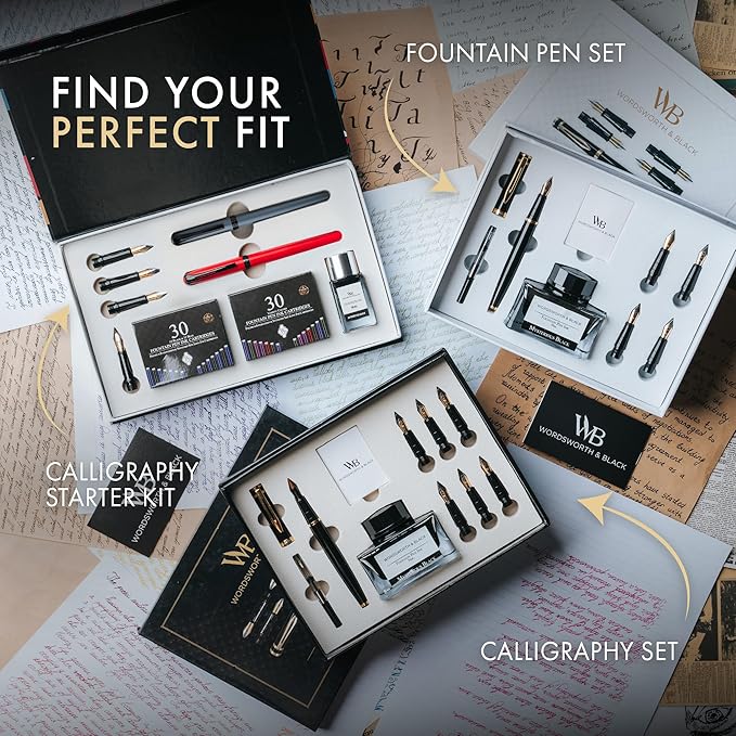 Wordsworth and Black Calligraphy Pen Set - Grey - Includes 2 Calligraphy Pens, 18 ML Ink Bottle, 60 Ink Cartridges, Ink Refill Converter, 1 Medium and 4 Broad Nibs, Brush Pen