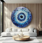 My Photostation.com 20''(50cm) Diameter Blue Mosaic Evil Eye Round Glass Wall Art Tempered Glass Printing Wall Decor Large Wall Art Wall Hangings