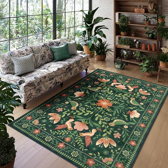 Morebes Green Boho 8x10 Area Rugs for Living Room, Washable Floral Rug for Bedroom Non Slip, Soft Ultra-Thin Distressed Flower Birds Indoor Carpet for Farmhouse Classroom Kids Nursery