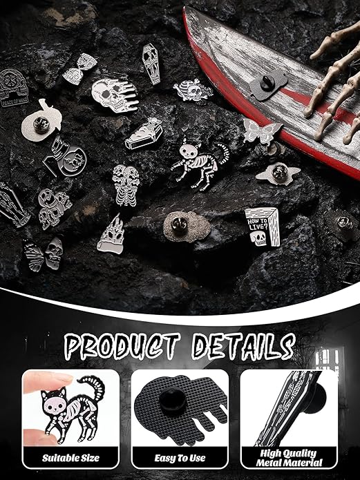 BBTO 20 Pieces Enamel Pins Skull Spooky Skeleton Enamel Pins Set Black Decorative Cartoon Goth Skull Horror Dark Brooch Cute Lapel Buttons for Jacket Backpack Hat Halloween