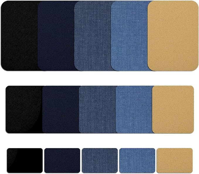 30 Pieces Iron on Fabric Patches Fabric Repair Patches Twill Clothing Repair Patch Kit for Jacket Clothes, 3 Sizes, 5 Colors (Black, Navy Blue, Dark Denim, Light Denim, Khaki)