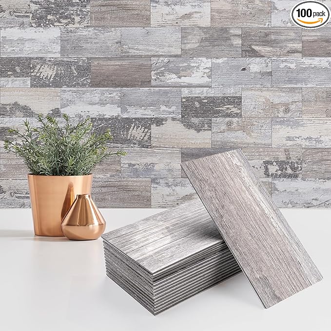 100 Pieces Peel and Stick Backsplash for Kitchen, 3" x 6" PVC Subway Tile Upgraded Distressed Wood Backsplash Stick on Tile Elevate Kitchen, Bathroom, Fireplace,RV
