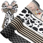 Farmhouse Animal Wired Edge Ribbons Cow Chick Pig Stripe Chicken Wire Decorative Fabric Wrapping Ribbons for DIY Crafts Wreath Bow Making Supplies, 4 Rolls, 24 Yard