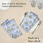 Ridhi Light Steel Blue Hand Block Print Napkins 18" x 18" Set of 4 Reusable Cotton Dinner Napkins for Weddings, Parties & Everyday Dining, Thanksgiving, Christmas, Fall