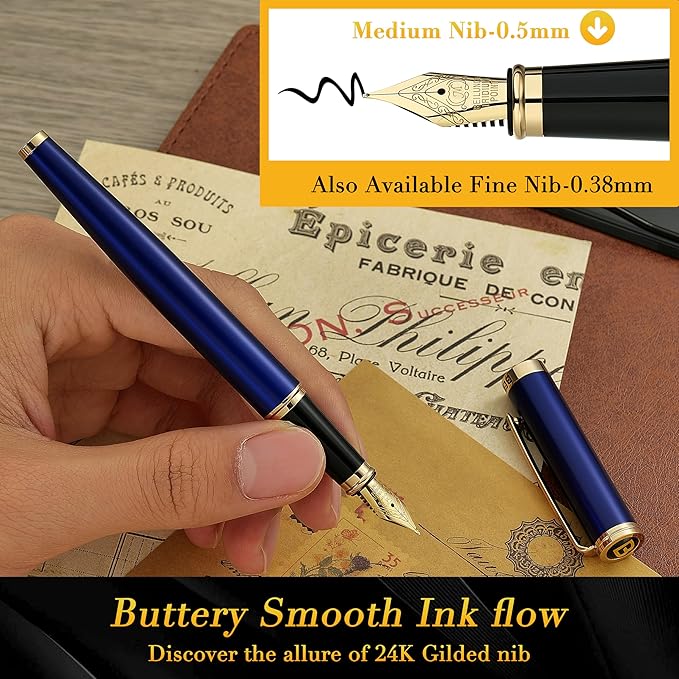 BEILUNER Blue Fountain Pen,Stunning Luxury Pens with 24K Gold Finish, Gorgeous 24K Gilded Nib(Medium), Fancy Pen Gift for Men&Women -Ink Converter-Elegant, Reliable,Nice Pen for Writing