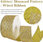 HUIHUANG Gold Glitter Wired Ribbon for Christmas Tree 2.5 inch Gold Diamond Mesh Ribbon for Tree Decoration, Wreaths, Garland, Gift Wrapping, Large Bows Making, Home Decor -10 Yards