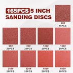 165 PCS 5 Inch Sanding Discs, 8 Hole Hook and Loop Round Sandpaper 40/60/80/120/180/240/320/400/600 Grits for Random Orbital Sander