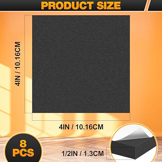 MYFAMIREA 8 PCS Adhesive Foam Padding Sheets Closed Cell Self Adhesive Sticky Foam Pads, 1/2" Thick 4'' x 4'' Neoprene Rubber Sheets Non-Slip Insulation Pads Vibration for Furniture Crafts Cars, Black