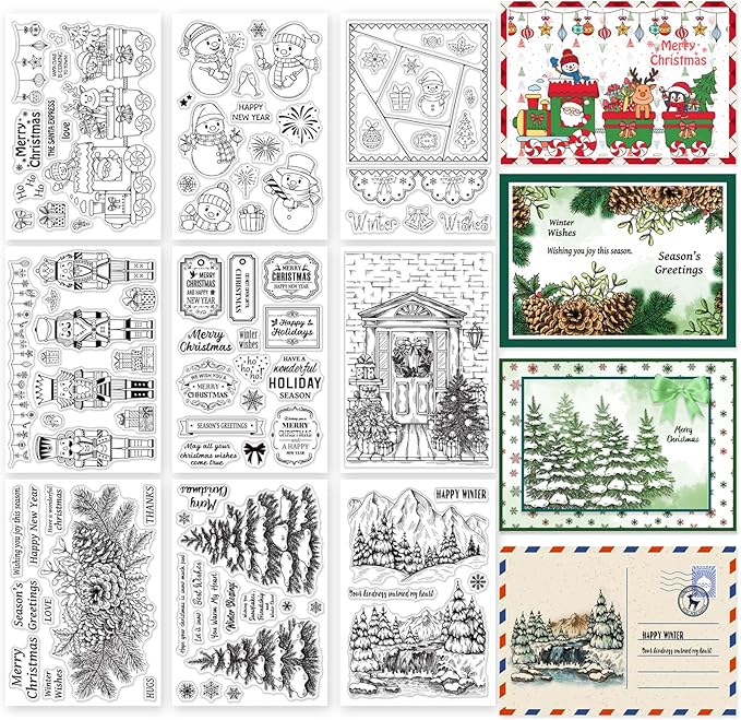 ORIGACH 9 Sheets Different Style Winter Christmas Clear Stamps Silicone Transparent Stamps for Card Making Decoration and DIY Scrapbooking