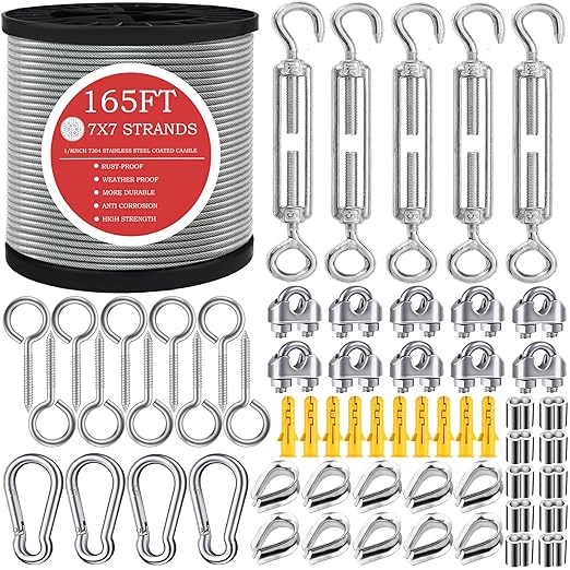165FT Steel Cable Kit | M5 Turnbuckle & 1/8" Stainless Steel Wire Rope