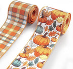 2 Rolls 2.5 Inch x 10 Yards Thanksgiving Fall Wired Ribbon for Craft Wreath Bow Making Pumpkin Autumn Leaves Ribbon Orange Plaid Burlap Ribbon for Wrapping Thanksgiving Party Home Decoration