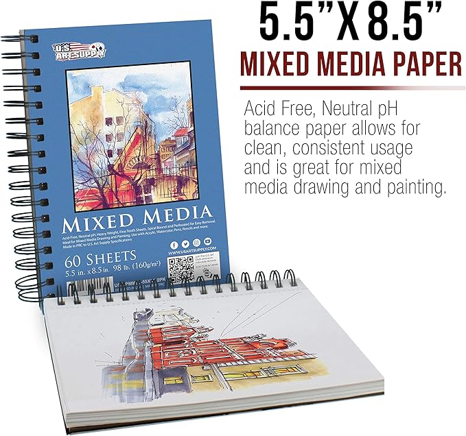 U.S. Art Supply 5.5"x8.5" Mixed Media Sketchbook, 2 Pack (60 Sheets), 98 lb (160 GSM) - Spiral-Bound Pad with Perforated Acid-Free Paper - Artist Sketch Book for Drawing, Painting, Watercolor