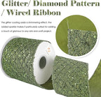 HUIHUANG Moss Green Wired Christmas Ribbon 4 inch Moss Glitter Wired Ribbon Diamond Mesh Wire Ribbon for X-mas Tree Decorations, Wreaths, Garland, Large Bows Making, Home Decor -10 Yards