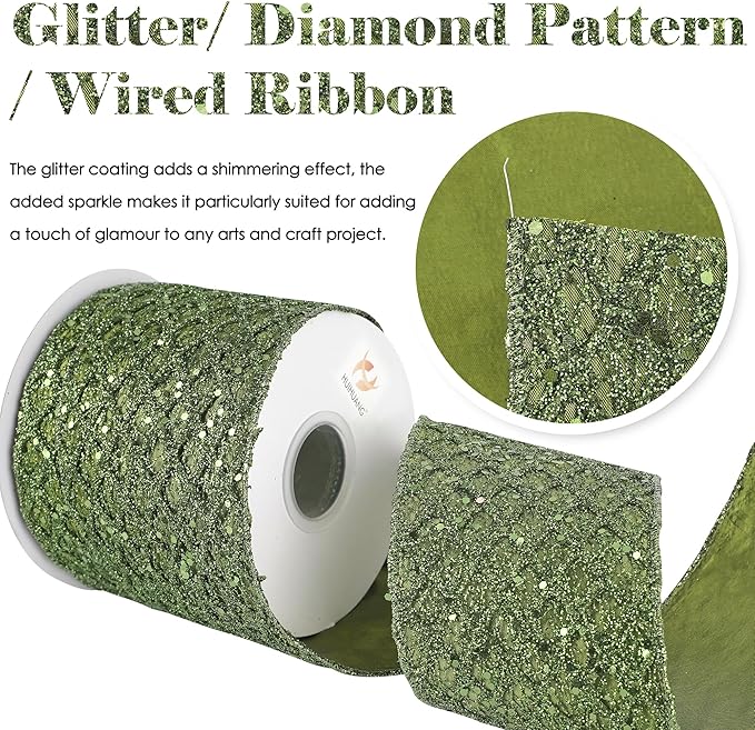 HUIHUANG Moss Green Wired Christmas Ribbon 4 inch Moss Glitter Wired Ribbon Diamond Mesh Wire Ribbon for X-mas Tree Decorations, Wreaths, Garland, Large Bows Making, Home Decor -10 Yards