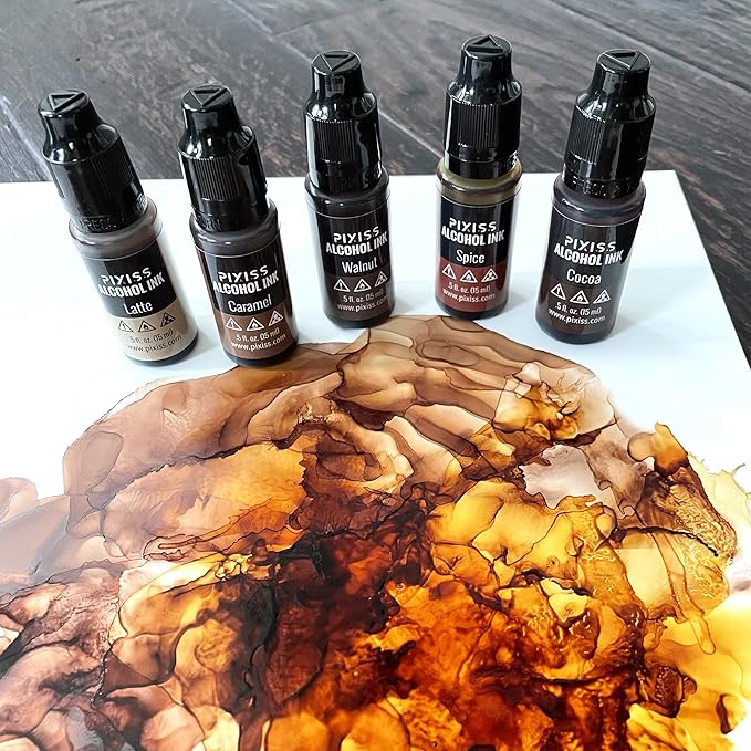 Pixiss Brown Alcohol Ink Set - 5 Shades of Highly Saturated Alcohol Ink for Epoxy Resin Supplies, Yupo Paper, Tumblers, Coasters - Resin Colorant for Epoxy Resin and Resin Art Supplies
