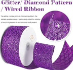 HUIHUANG Purple Wired Ribbon for Christmas Tree 2.5 inch Purple Glitter Diamond Mesh Ribbon for Tree Decoration, Wreaths, Garland, Gift Wrapping, Large Bows Making, Halloween Decor -10 Yards