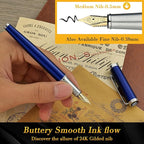 BEILUNER Luxury Fountain Pen Set,Solid 24K Gilded Medium Nib, Modern Classic Limited Edition -Includes 6 Ink Cartridges&Ink Refill Converter with Gift Case-Perfect for Men and Women（Charming blue）
