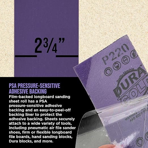 Dura-Gold Premium 220 Grit PSA Purple Film Ceramic Longboard Sandpaper, 2-3/4" Wide Continuous 20 Yard Roll - Self Adhesive Stickyback for Auto & Wood Air File Long Board Sanders, Hand Sanding Blocks