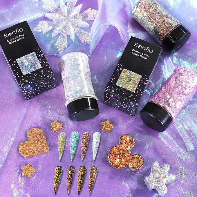 Renfio Opal Chunky Glitter, 1.75oz/50g Silver Glitter, Dreamy High Sparkle Glitter for Crafts Holographic Fine Glitter Mix Iridescent Glitters Flake for Resin Nails Art Hair DIY Snow Globe - Azure Sea
