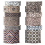 12 Rolls Exotic Charm Washi Tape Set Floral Arts Adhesive Tapes Geometric Garden Decorative Masking Tape Sets for Craft, Kids, Scrapbook, DIY, Gift Wrapping (Inked Gold)