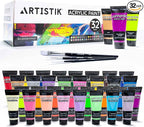 ARTISTIK Acrylic Paint Tube Set of 32-22ml Paint Tubes with 3 Brushes for Adults, Kids and Artists - Non-Toxic Artist Quality Paints for Canvas Painting, Wood Crafts, Ceramic and Art Supplies