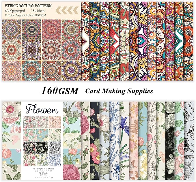 48 Sheets 24 Designs Scrapbook Paper Pad, 6"×6" Single-Sided Decopodge Craft Cardstock Paper,Scrapbooking DIY Decorative Background Cardmaking Supplies.Datura&Flowers