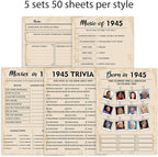 80th Birthday Party Games, Set of 5 Activities for 10 Guests, Born in 1945 Games Bundle, Birthday Party Supplies for Adults, Pack of 50 Cards