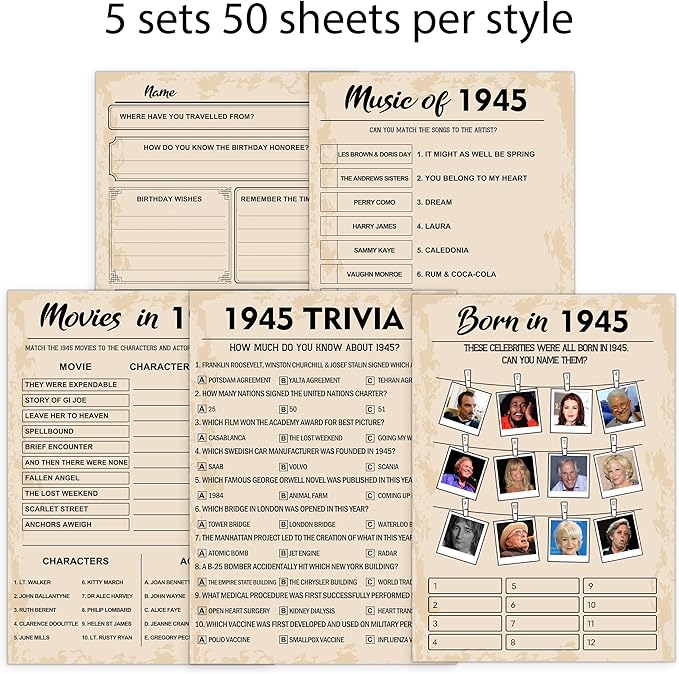 80th Birthday Party Games, Set of 5 Activities for 10 Guests, Born in 1945 Games Bundle, Birthday Party Supplies for Adults, Pack of 50 Cards