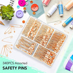 340 Pack Safety Pins Assorted, 5 Different Sizes Small and Large Safety Pins for Clothes Costume, Nickel Plated Steel Bulk, Sewing Crafts Art Supplies, Rose Gold