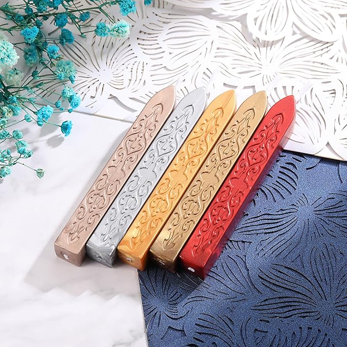 Yoption 5 Pcs Sealing Wax Sticks with Wicks for Wax Seal Stamp, Wedding Invitations, Gift Wrapping, Christmas (Gold, Metallic Red, Antique Gold, Champagne Gold, Silver)