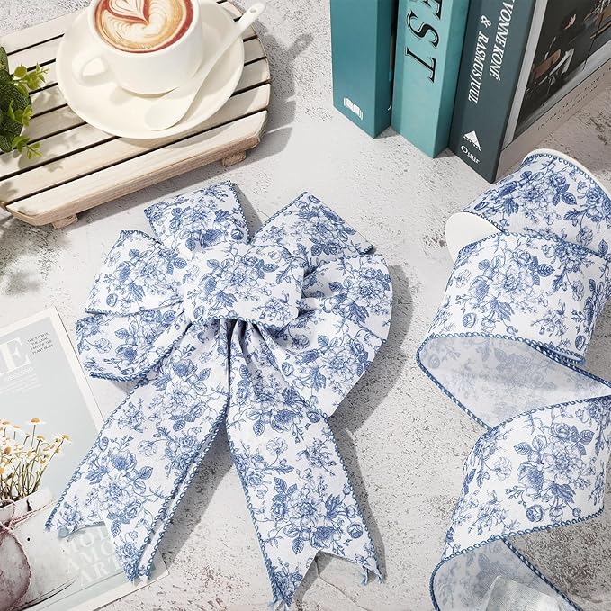 Generic AnyDesign Floral Wired Edge Ribbon Blue Flower Craft Ribbon Chinoiserie Decorative Fabric Ribbon for DIY Crafts Wreath Bow Making, 12 Yards