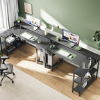 SUPERJARE 53 inch Reversible L Shaped Desk with LED Lights & Power Outlets, Computer Desk with Shelves & Monitor Stand, Gaming Desk with Drawer, Home Office Desk Corner Desk, Carbon Fiber Black
