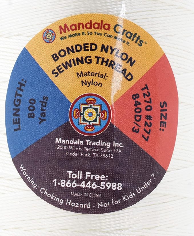 Mandala Crafts Heavy Duty Bonded Nylon Thread White - 800 YDs Size 277 840D T270 Tex 270 for Leather Jeans Weaving Outdoor Marine Upholstery