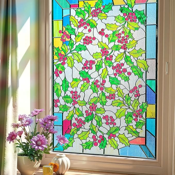 3D Stained Glass Window Film, Decorative Window Privacy Film for Bathroom,Front Door,Home, Sun Blocking Heat Control,Static Cling,23.6inch x 35.4inch Holly
