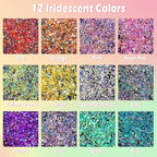 Matio 12 Colors Iridescent Crushed Glass, Irregular Chunky Glitter, Sprinkle Chips for Resin Epoxy Jewelry DIY, Shattered Glass Crystal Flakes Sequins for Nail Art Makeup Decoration Vase Filler