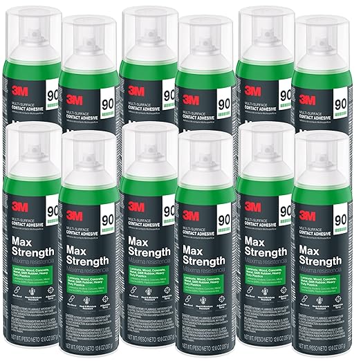 3M Max Strength 90 Contact Adhesive Spray, 12.6 oz (Pack of 12) – Low VOC Heavy Duty Glue with Adjustable Nozzle, Heat & Water Resistant Bond for Metal, Wood, Plastic, Laminate, Concrete