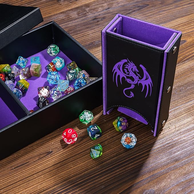 4 in 1 Dice Storage Box, Portable Dice Tower D&D Rolling Tray Leather Holder Case for Role Playing Games and Other Tabletop Game